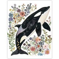Artery8 Orca Killer Whale with Wildflowers Bright Floral Wall Art Print | Size: W24" x H32"