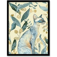 Artery8 Cat Lover Teal Tan Oriental Shorthair Portrait Framed Wall Art in Blue | Size: W12" x H16"