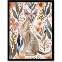 Artery8 Cat Lover Oriental Shorthair with Anemone Flowers Framed Wall Art in Pink | Size: A4