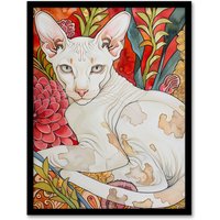 Artery8 Oriental Shorthair Cat in Abstract Flower Garden Framed Wall Art | Size: A4