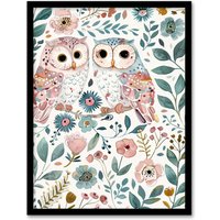 Artery8 Cute Owl Couple Pastel Colour Floral Watercolour Framed Wall Art | Size: W12" x H16"