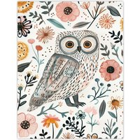 Artery8 Cute Tawny Owl with Flowers Bright Watercolour Wall Art Print | Size: W24" x H32"