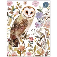 Artery8 Barn Owl Bird with Wildflowers Floral Watercolour Wall Art Print | Size: W24" x H32"