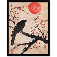 Artery8 Raven on Berry Tree Winter Sun Japanese Painting Framed Wall Art in Beige | Size: A4
