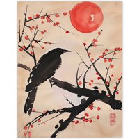 Artery8 Raven on Berry Tree Winter Sun Japanese Painting Wall Art Print in Beige | Size: W24" x H32"