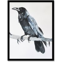 Artery8 Raven Bird on Tree Branch Bright Watercolour Framed Wall Art in Black | Size: A4