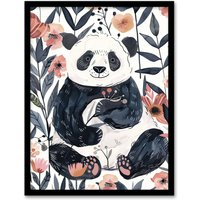 Artery8 Cute Panda Bear in Flower Garden Bright Simple Framed Wall Art in Pink | Size: A4
