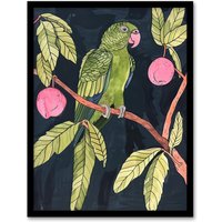 Artery8 Green Parakeet Parrot on Plum Fruit Tree Branch Framed Wall Art | Size: A4
