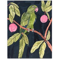 Artery8 Green Parakeet Parrot on Plum Fruit Tree Branch Wall Art Print | Size: W12" x H16"