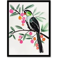 Artery8 Parrot Bird Pink Green Fruit Tree Branch Bright Framed Wall Art | Size: A4