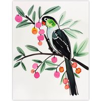 Artery8 Parrot Bird Pink Green Fruit Tree Branch Bright Wall Art Print | Size: W18" x H24"