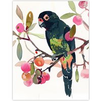 Artery8 Parrot Perched on Fruit Tree Branch Watercolour Wall Art Print in Green | Size: W24" x H32"