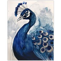 Artery8 Elegant Blue Peafowl Peacock Bird Watercolour Wall Art Print | Size: W18" x H24"