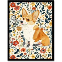 Artery8 Pembroke Welsh Corgi Dog Lover Cute Floral Framed Wall Art | Size: A4