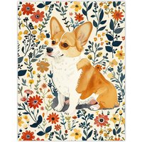 Artery8 Pembroke Welsh Corgi Dog Lover Cute Floral Wall Art Print | Size: W12" x H16"