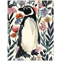 Artery8 Penguin in Coastal Wildflowers Bright Floral Wall Art Print in Dark Blue | Size: W18" x H24"