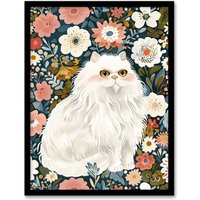 Artery8 Elegant Persian Cat Lover Flower Garden Portrait Framed Wall Art | Size: A4