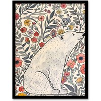 Artery8 Polar Bear Wildflower Pattern Soft Watercolour Framed Wall Art | Size: A4