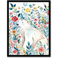 Artery8 Polar Bear Basking Wildflower Field Watercolour Framed Wall Art | Size: W12" x H16"