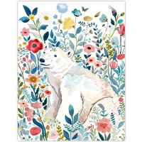 Artery8 Polar Bear Basking Wildflower Field Watercolour Wall Art Print | Size: W12" x H16"
