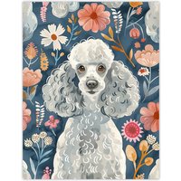 Artery8 Cute Poodle Floral Portrait Blue Pink Dog Lover Wall Art Print | Size: W12" x H16"
