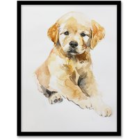 Artery8 Cute Golden Retriever Puppy Dog Lover Watercolour Framed Wall Art in Beige | Size: W12" x H16"