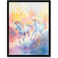 Artery8 Dreamy Rainbow Unicorns in Pastel Colour Forest Framed Wall Art | Size: A4