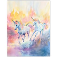 Artery8 Dreamy Rainbow Unicorns in Pastel Colour Forest Wall Art Print | Size: W12" x H16"