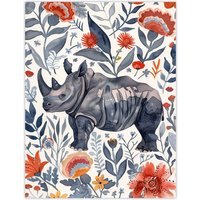 Artery8 Rhinoceros Rhino Blue Red Floral Pattern Portrait Wall Art Print | Size: W24" x H32"