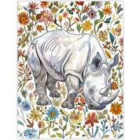 Artery8 Rhinoceros Rhino in Wildflower Meadow Watercolour Wall Art Print | Size: W12" x H16"