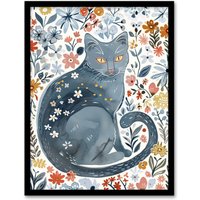 Artery8 Cat Lover Russian Blue with Bright Wildflowers Framed Wall Art | Size: W12" x H16"
