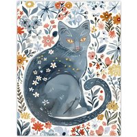 Artery8 Cat Lover Russian Blue with Bright Wildflowers Wall Art Print | Size: W24" x H32"