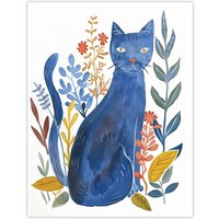 Artery8 Russian Blue Cat with Ornate Plants Watercolour Wall Art Print | Size: W24" x H32"