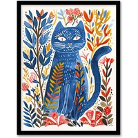 Artery8 Russian Blue Cat Lover Fun Botanical Folk Art Framed Wall Art | Size: A4