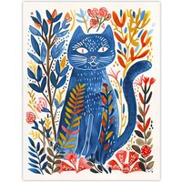 Artery8 Russian Blue Cat Lover Fun Botanical Folk Art Wall Art Print | Size: W12" x H16"