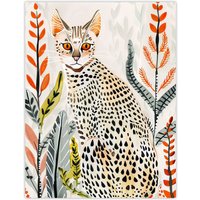 Artery8 Savannah Cat Lover Boho Botanical Pet Portrait Wall Art Print in Light Grey | Size: W12" x H16"