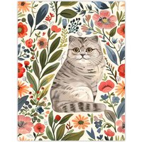 Artery8 Scottish Fold & Rustic Floral Pattern Cat Lover Wall Art Print | Size: W18" x H24"
