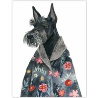Artery8 Dog Lover Scottish Terrier With Floral Kimono Wall Art Print in Dark Grey | Size: W18" x H24"
