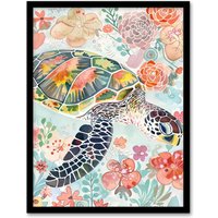 Artery8 Colourful Sea Turtle Marine Flowers Watercolour Framed Wall Art | Size: A4