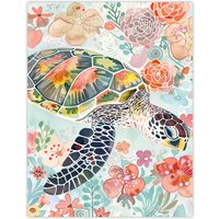 Artery8 Colourful Sea Turtle Marine Flowers Watercolour Wall Art Print | Size: W24" x H32"