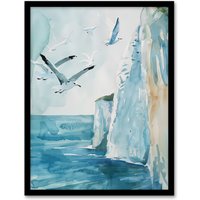 Artery8 White Cliffs of Dover England Seagulls Coastal Framed Wall Art in Blue | Size: W12" x H16"