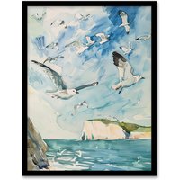 Artery8 Seagulls Over White Cliffs of Dover UK Coastline Framed Wall Art in Blue | Size: W12" x H16"