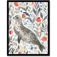 Artery8 Happy Seal with Coastal Wildflowers Watercolour Framed Wall Art in Grey | Size: A4