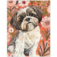 Artery8 Dog Lover Cute Shih Tzu Puppy With Wildflowers Wall Art Print in Pink | Size: W18" x H24"