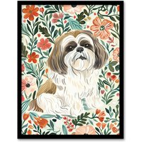 Artery8 Cute Shih Tzu Dog Lover Rustic Floral Portrait Framed Wall Art | Size: W12" x H16"