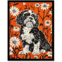 Artery8 Shih Tzu with Daisies Red Floral Dog Lover Framed Wall Art | Size: A4