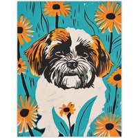 Artery8 Vibrant Shih Tzu Daisy Portrait Dog Lover Floral Wall Art Print in Blue | Size: W18" x H24"