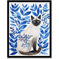 Artery8 Siamese Cat Lover & Blue Plants Pet Portrait Framed Wall Art | Size: W12" x H16"