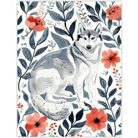 Artery8 Siberian Husky in Poppy Flower Pattern Dog Lover Wall Art Print in Blue | Size: W12" x H16"