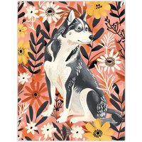 Artery8 Dog Lover Siberian Husky Rustic Pink Floral Wall Art Print | Size: W24" x H32"